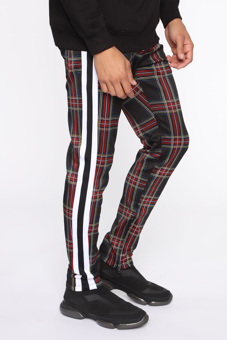 red and black plaid joggers