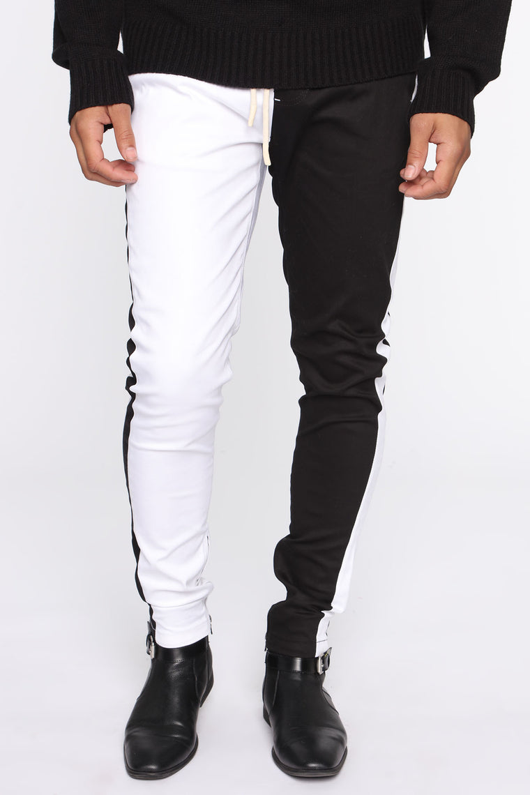 black joggers with white drawstring