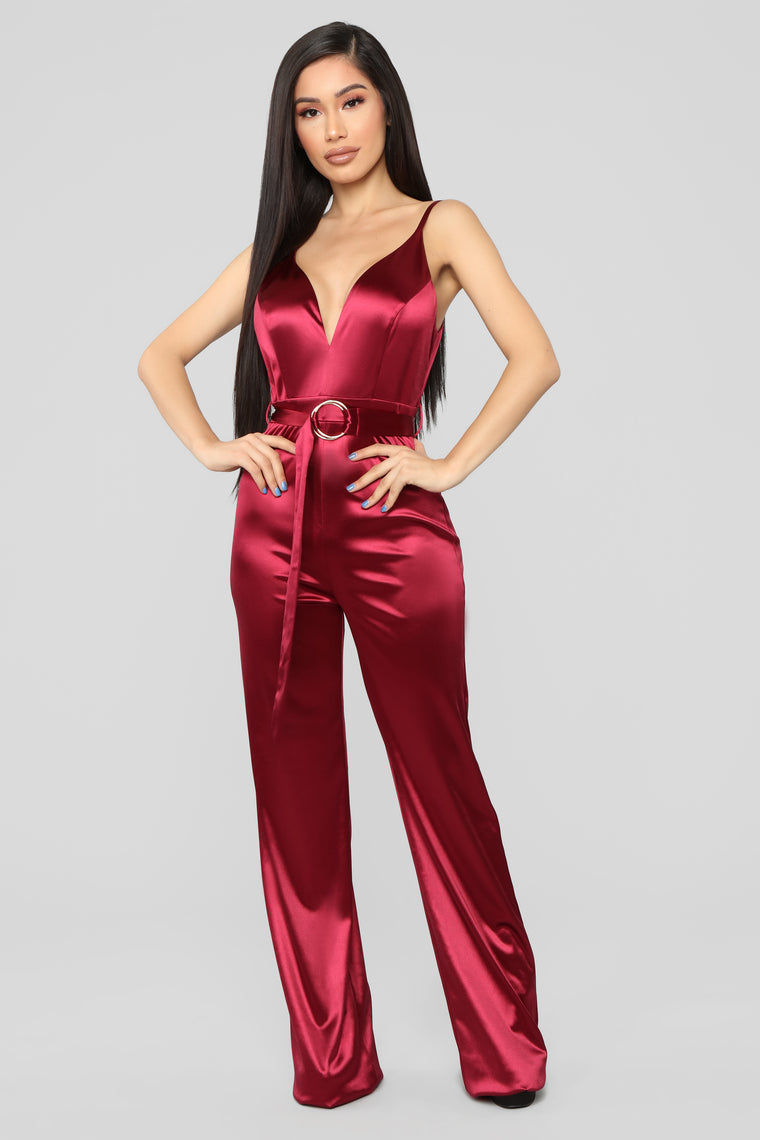 This Is Everything Satin Jumpsuit - Burgundy