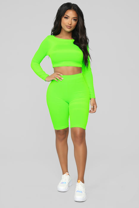 neon green biker shorts set