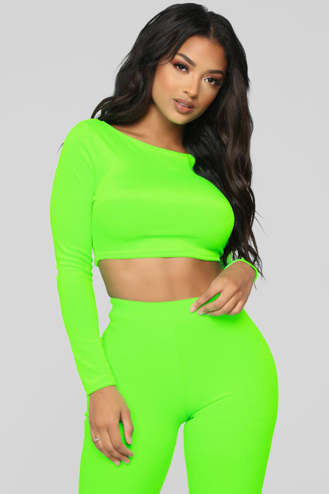 neon green biker shorts set