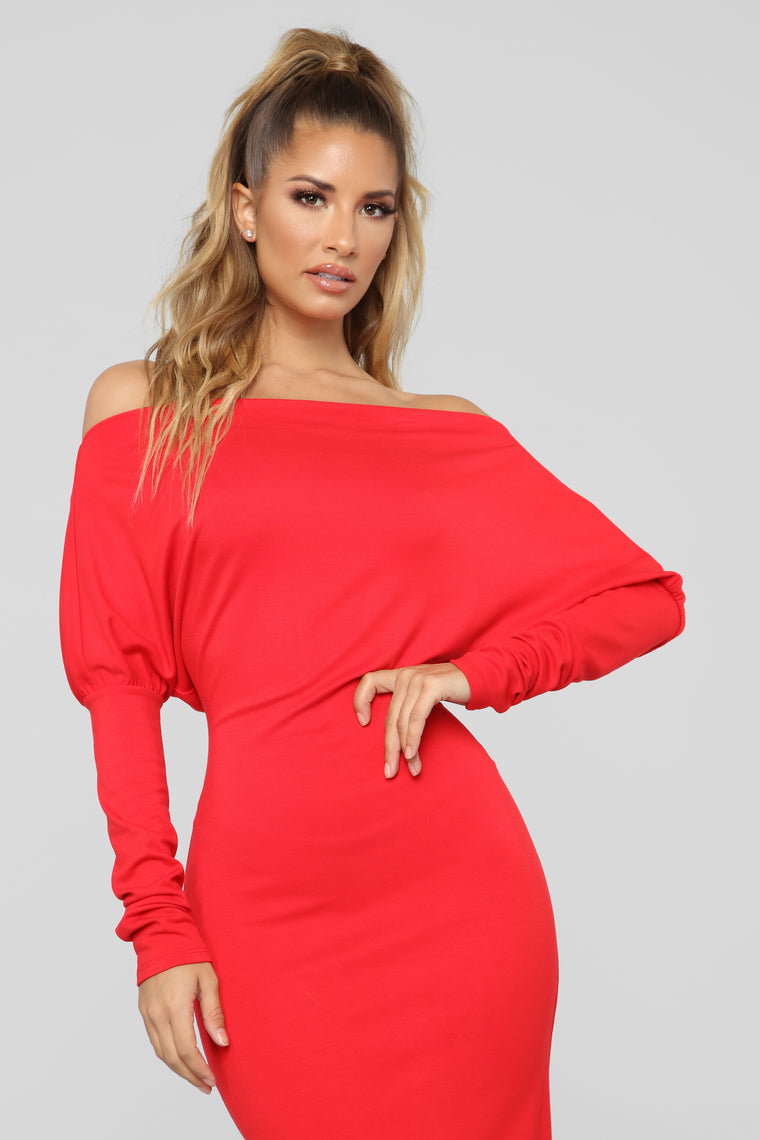 off shoulder red midi dress