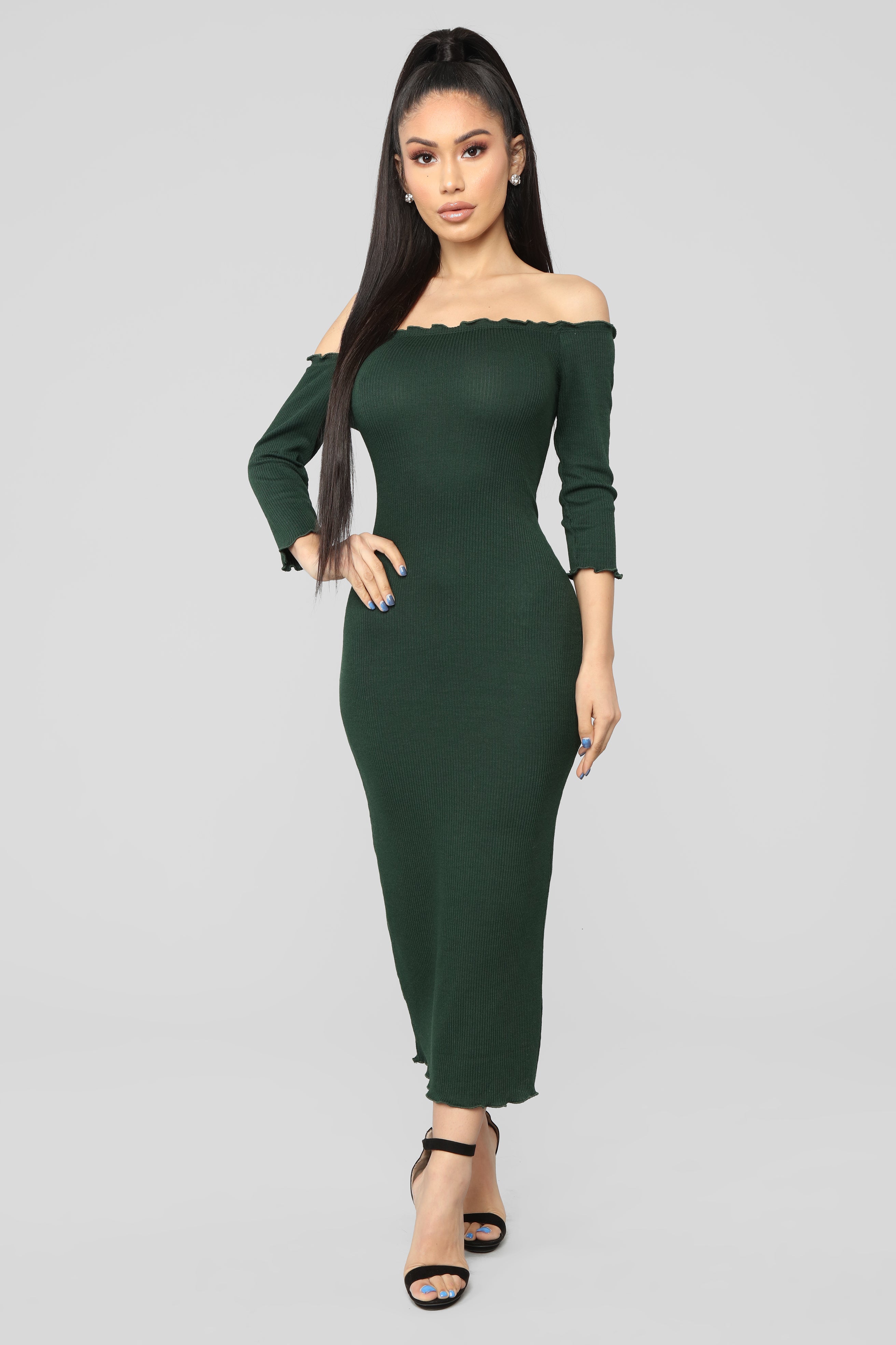 off the shoulder green midi dress