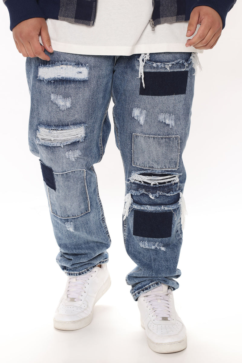 Patched Up Loose Denim Jeans - Indigo | Fashion Nova, Mens Jeans ...