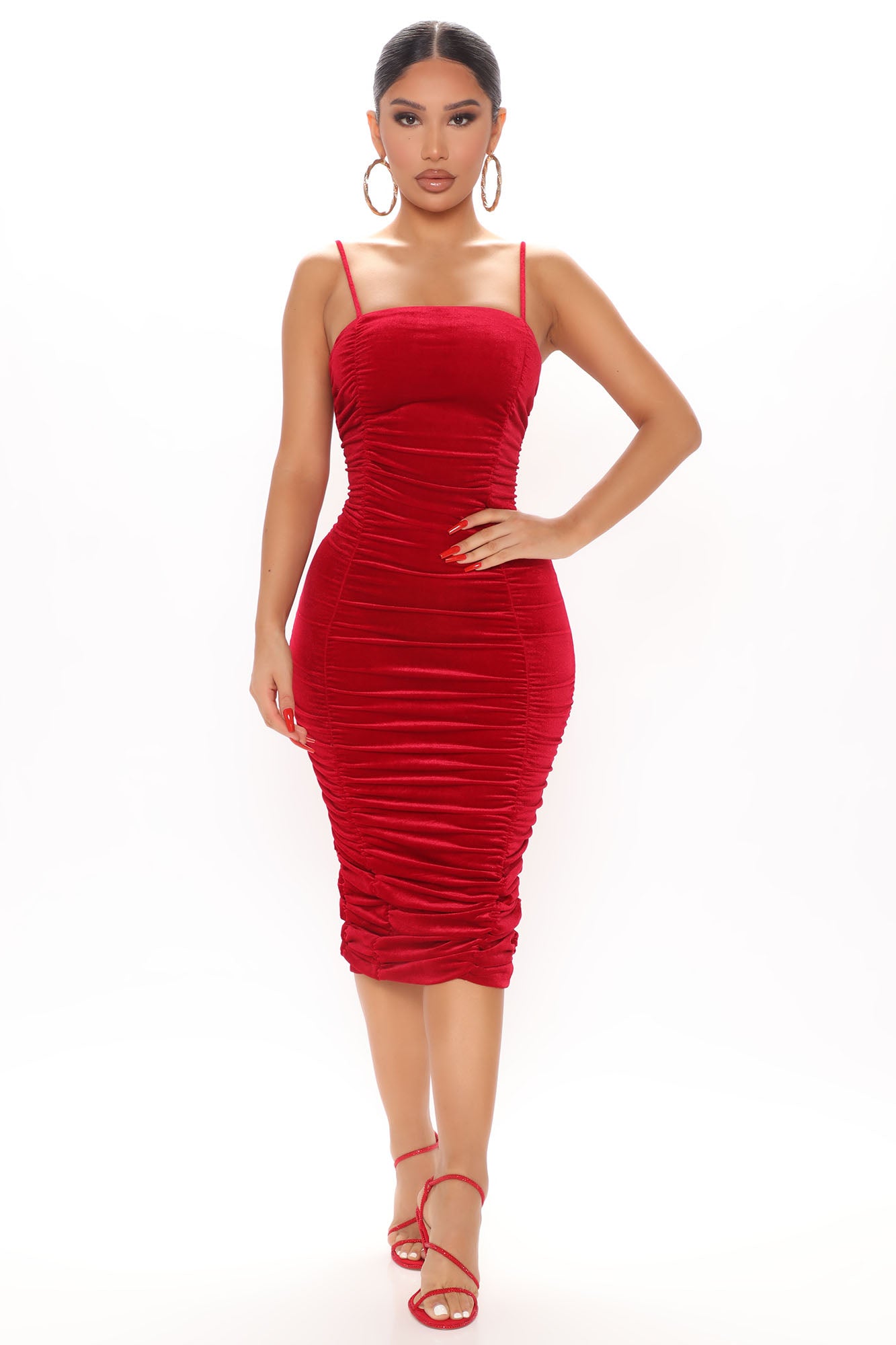 Smooth Vibe Velvet Ruched Midi Dress - Red | Fashion Nova, Dresses |  Fashion Nova