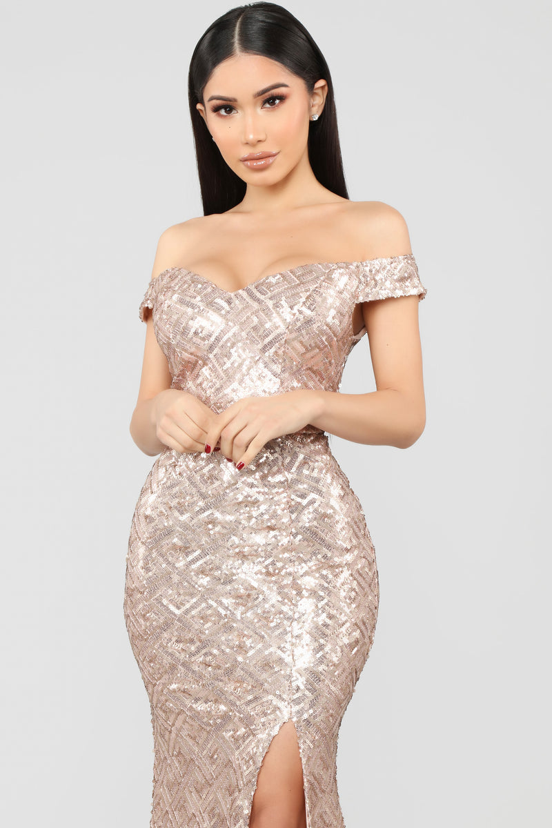 be my lover dress in rose gold sequin