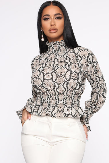 Sneaking Around The Office Snake Print Top - Brown/combo – Fashion Nova