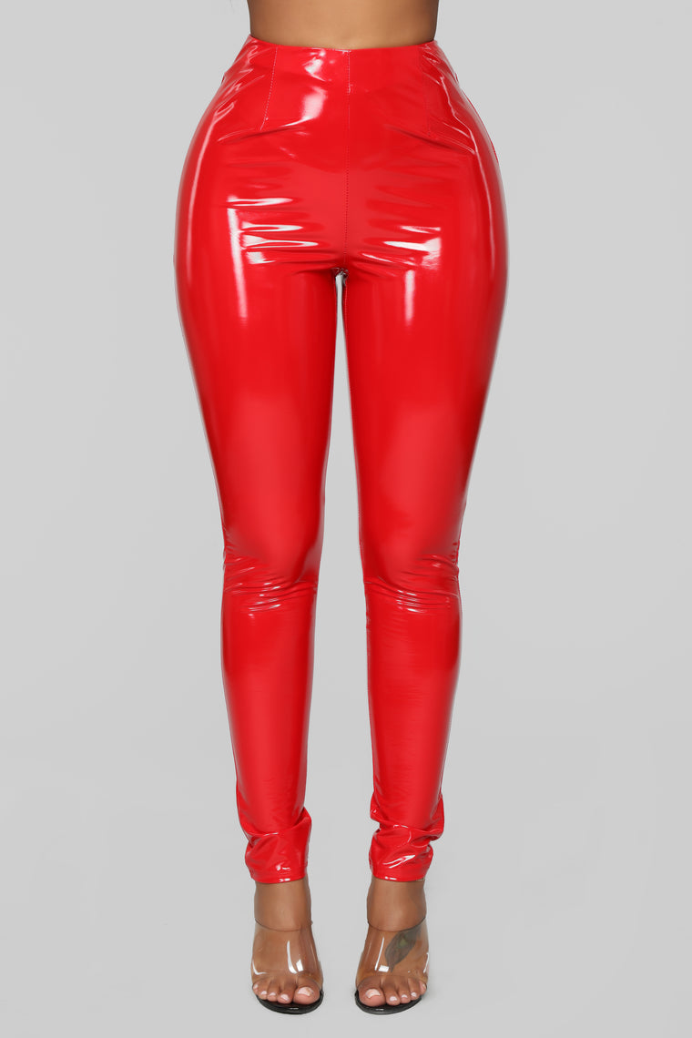 red vinyl flare pants