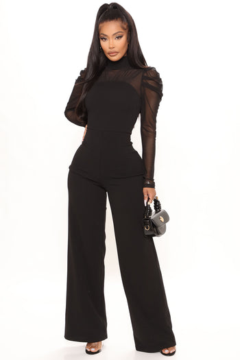 Buy 831 - Plus Size V Neck Lace Top Palazzo Wide Pants Jumpsuit Black (3X)  at