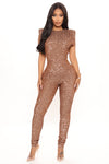 Sparkle And Snatched Shoulder Pad Jumpsuit - Chocolate