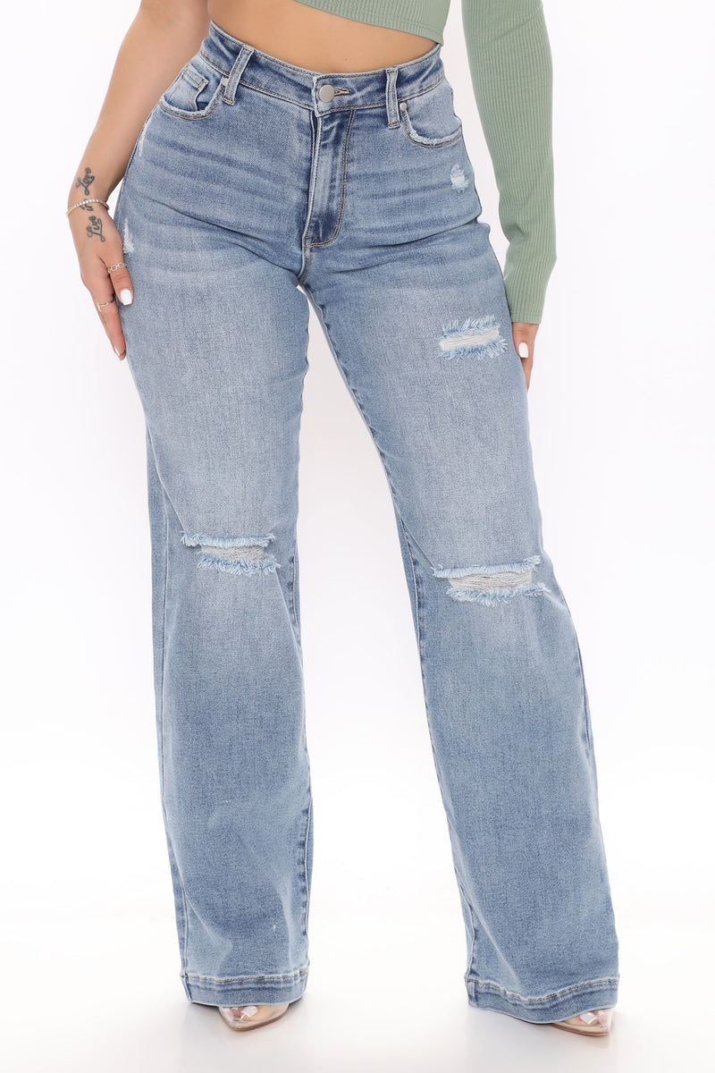 Longing For You Distressed Wide Leg Jeans - Medium Blue Wash, Jeans ...
