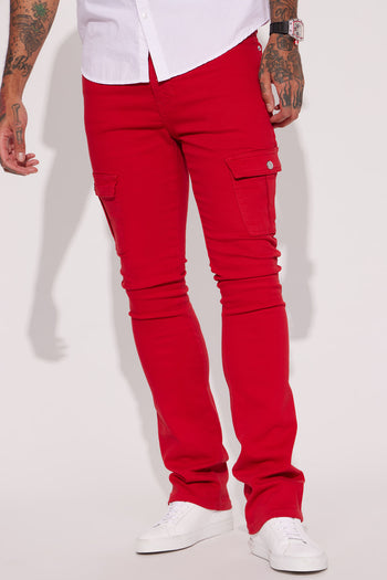 Faux Leather Straight Cargo Pants - Red