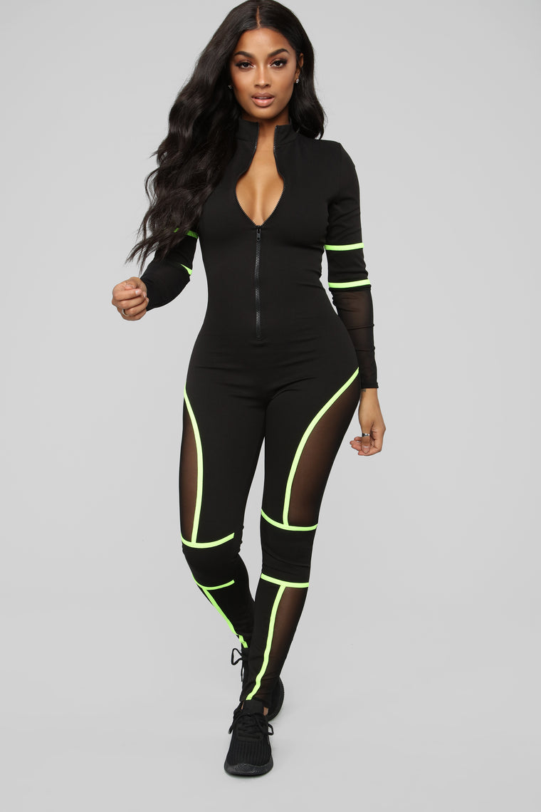 neon green and black jumpsuit