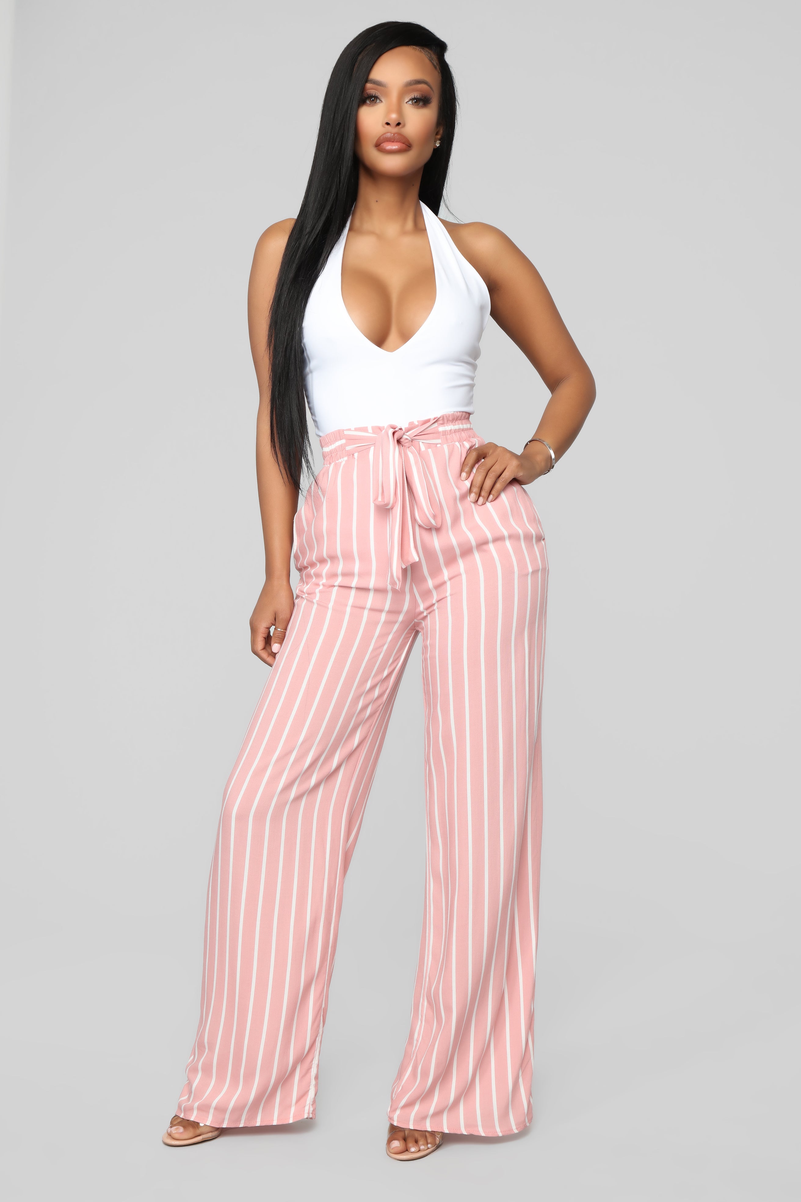 pink and white striped trousers