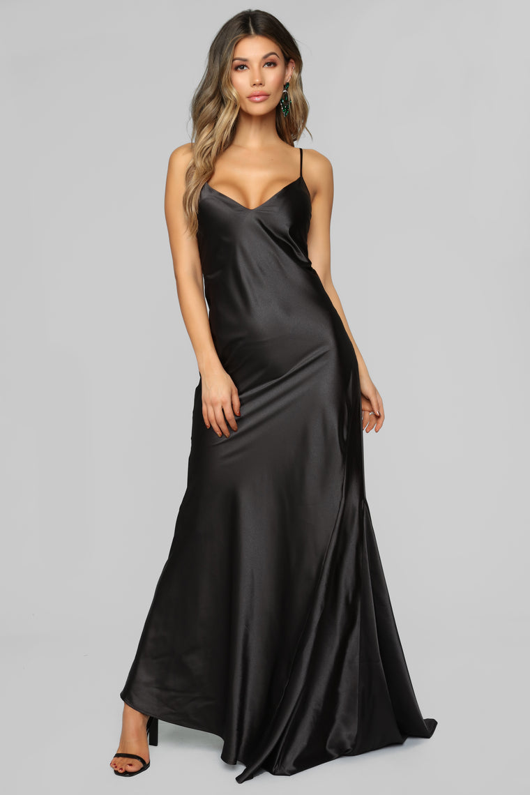 black satin maxi slip dress