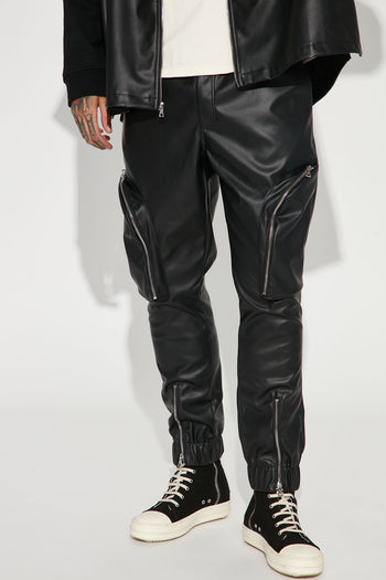 Hardest Faux Leather Cargo Pants - Black