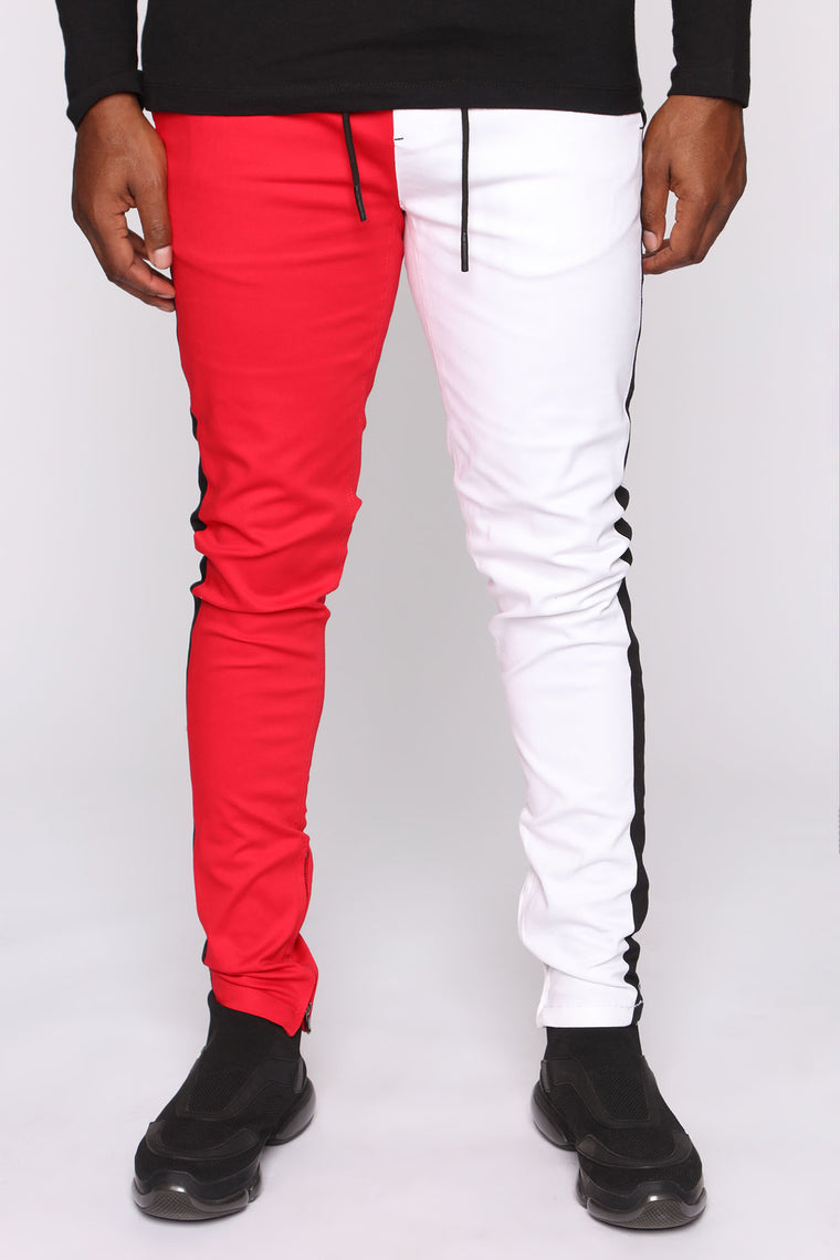 red and white joggers