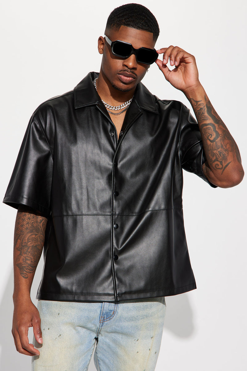 Slam Dunk Faux Leather Short Sleeve Button Up - Black | Fashion Nova ...