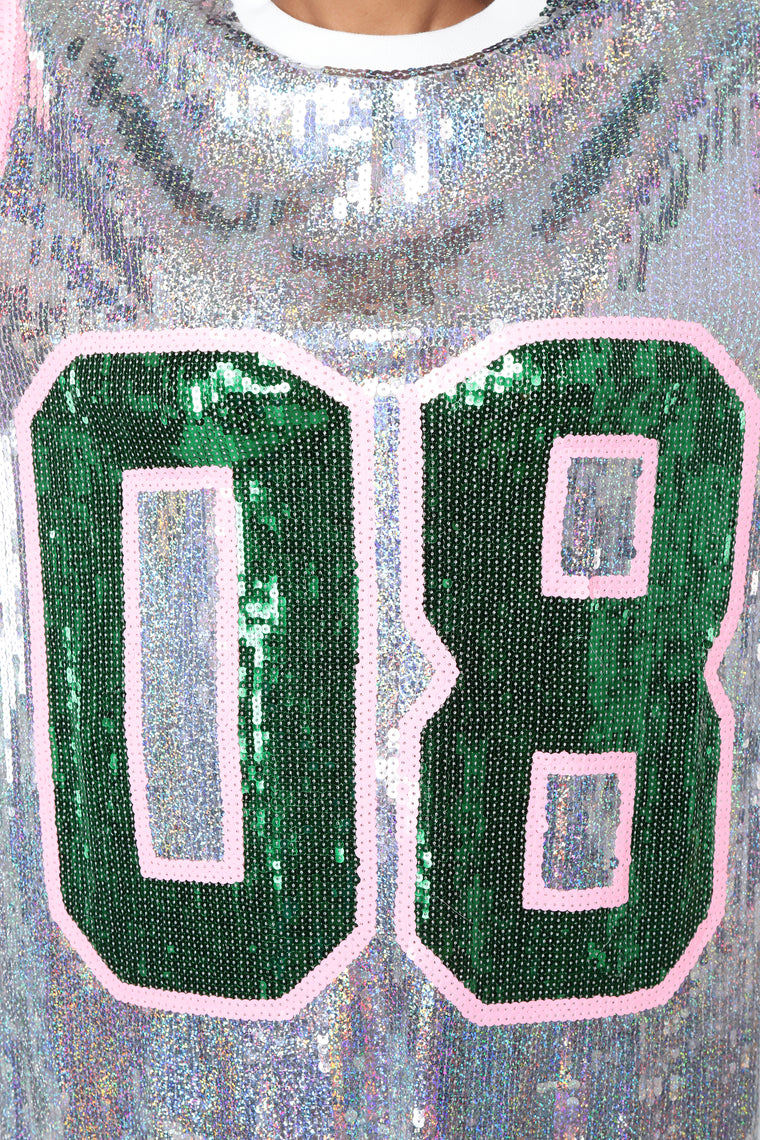pink and green sequin jersey dress