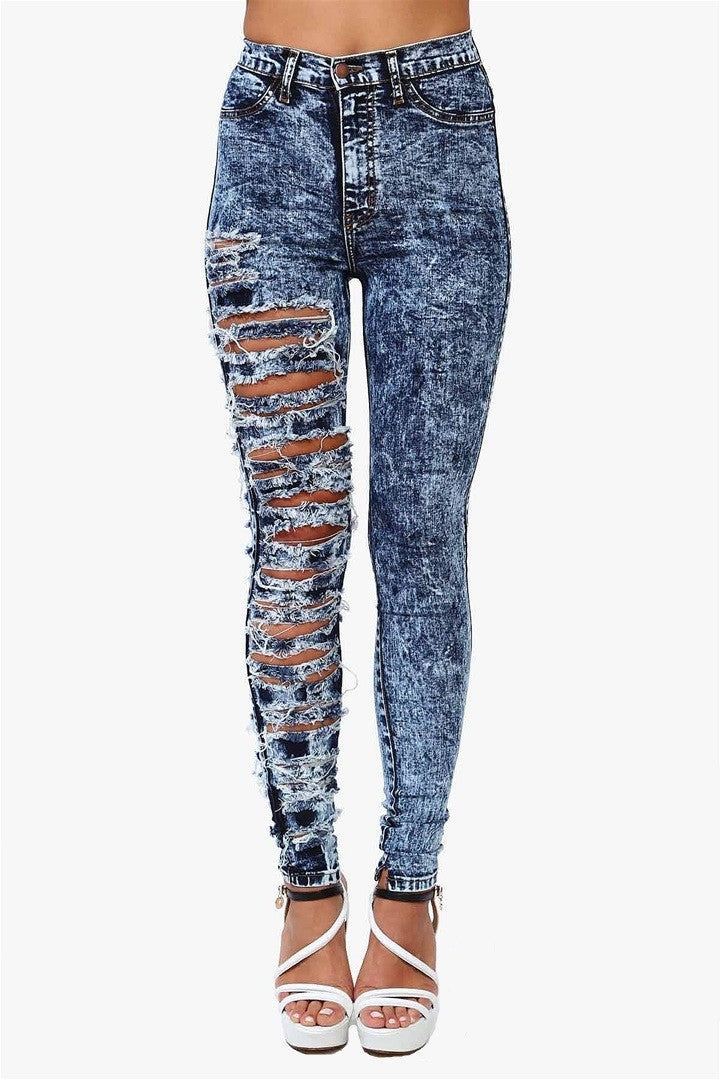 One Leg Ripped Jeans - Dark Wash