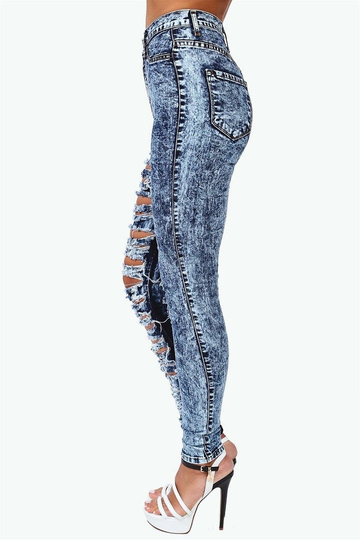 One Leg Ripped Jeans - Dark Wash