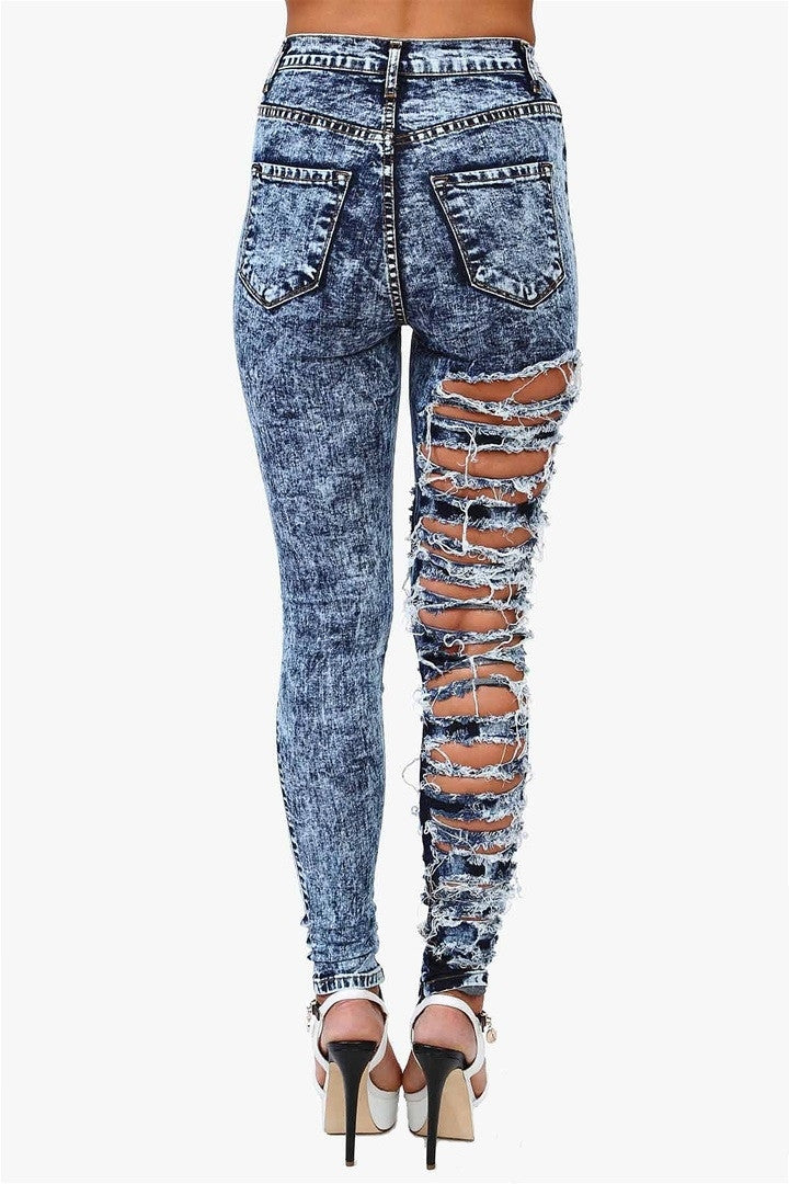 One Leg Ripped Jeans - Dark Wash