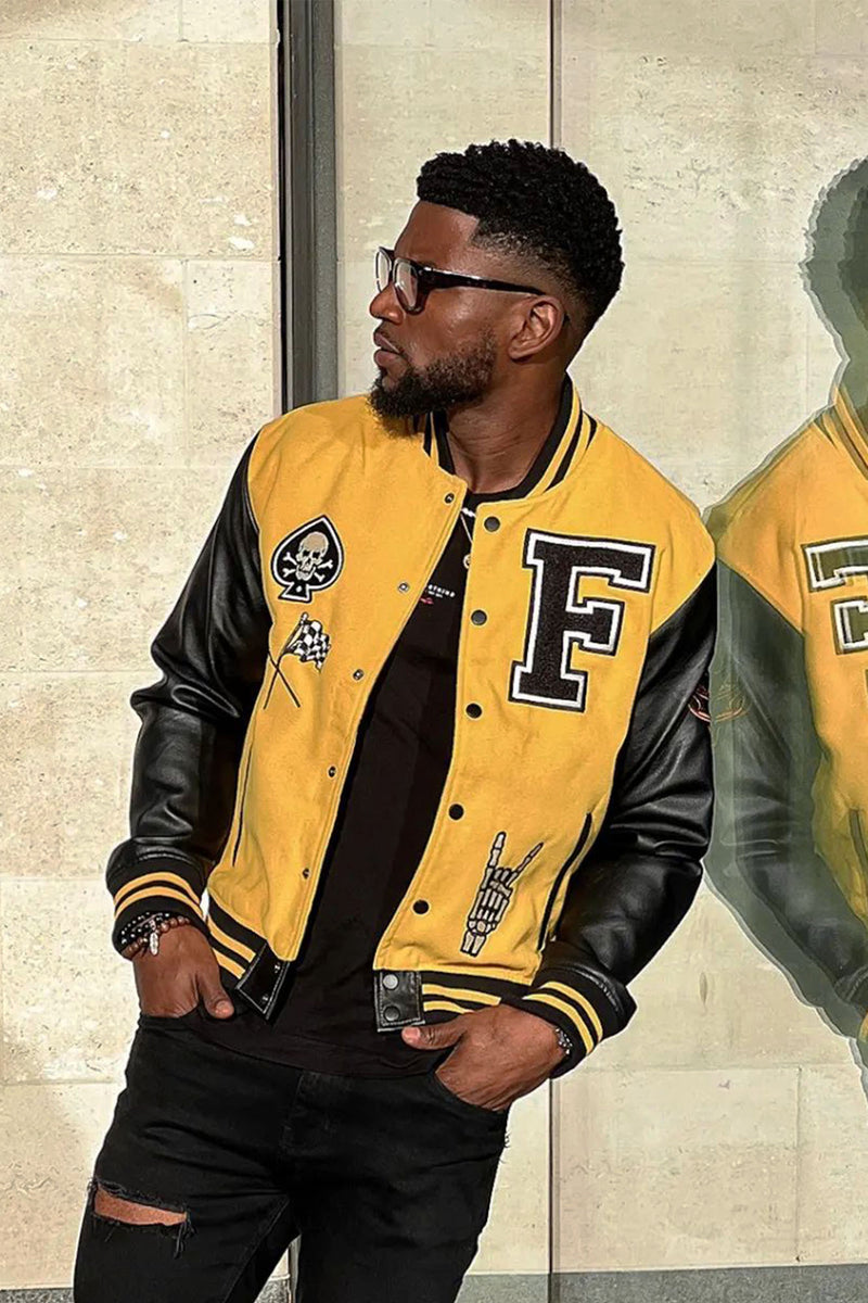 Biker Faux Leather Varsity Jacket - Yellow/combo | Fashion Nova, Mens ...