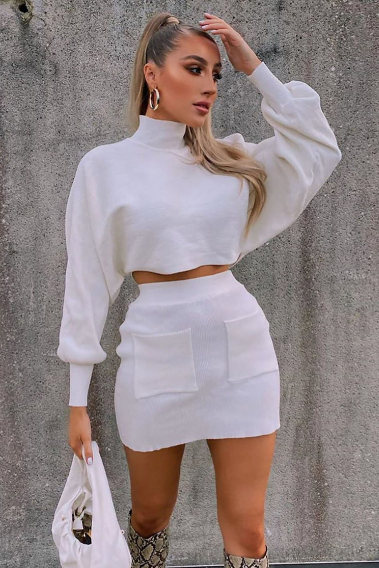 white sweater skirt set