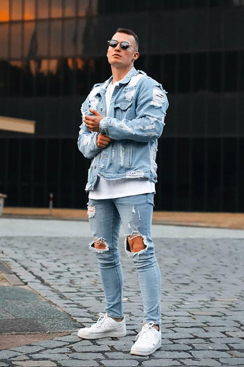 Buy > light wash denim jacket outfit > in stock