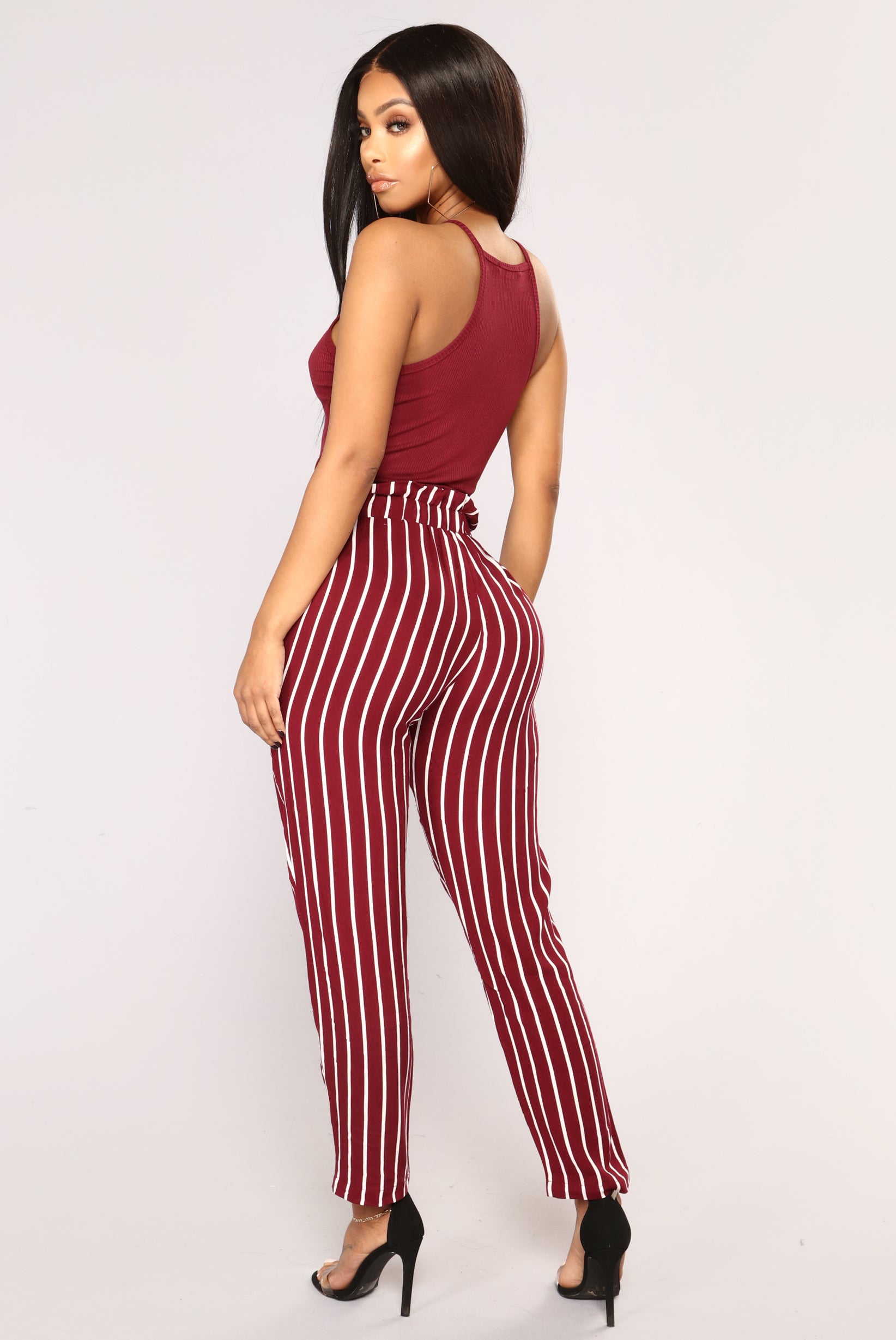 burgundy and white striped pants