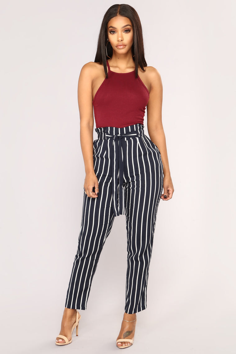 navy blue white striped pants