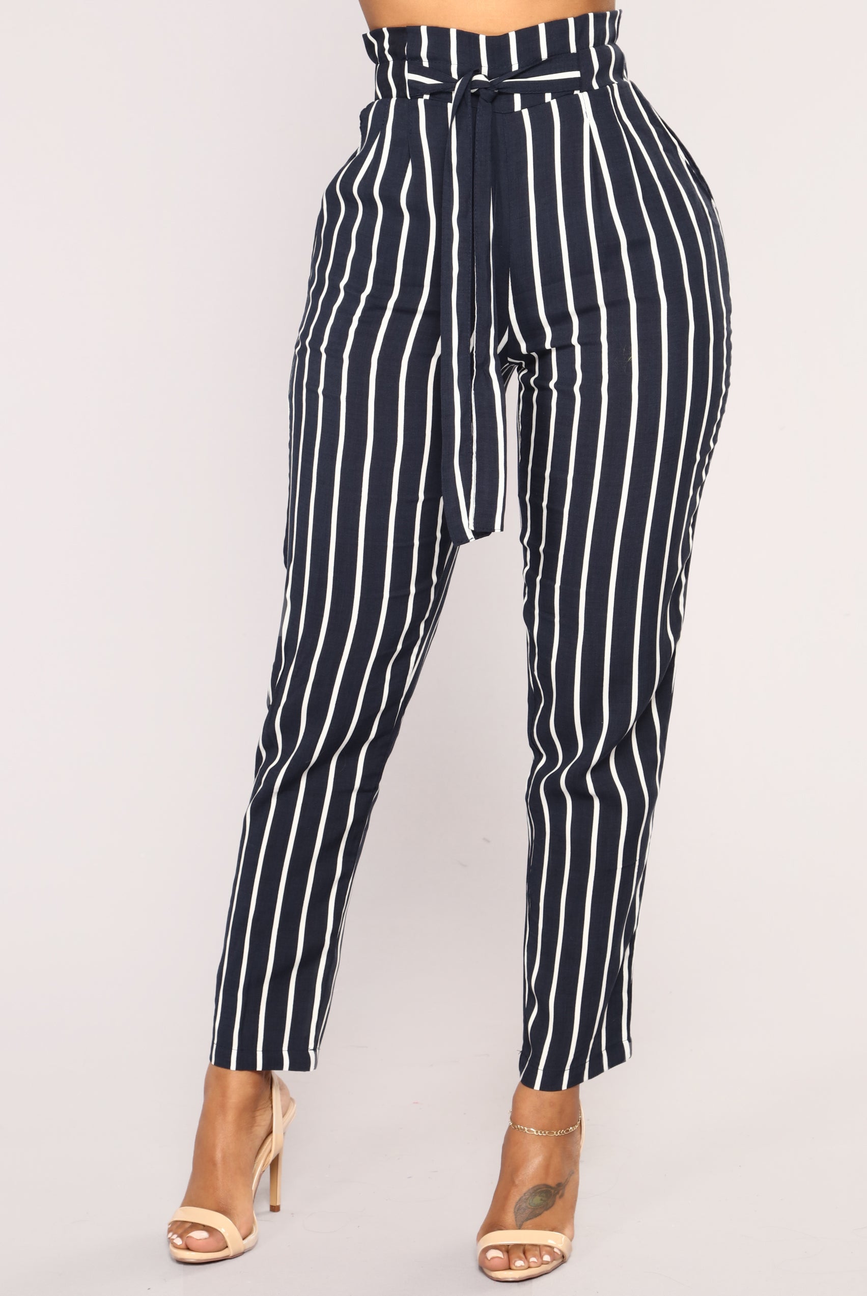 navy and white pinstripe pants