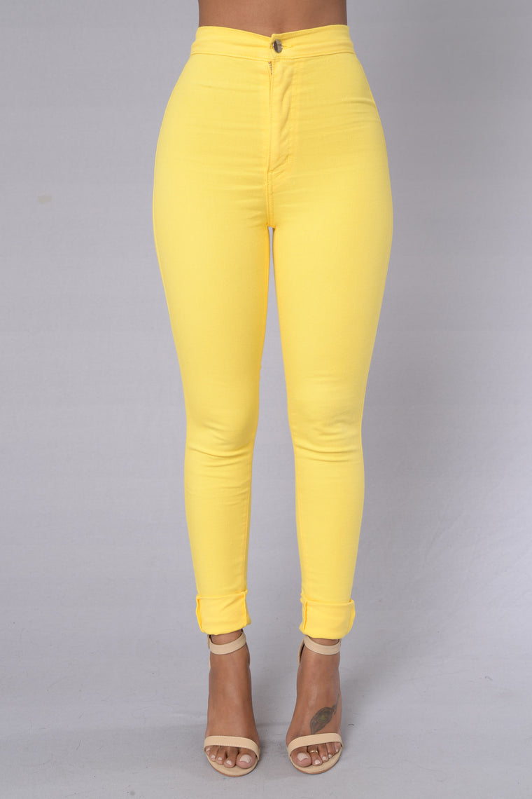 yellow jeans high waisted