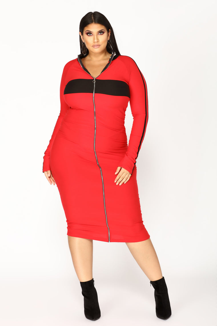 To The Finish Zipper Dress - Red/Black - Dresses - Fashion Nova