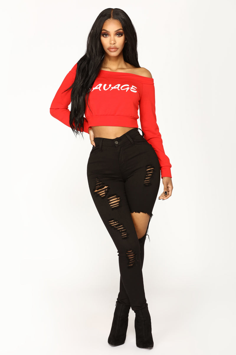 Savage Vibes Long Sleeve Top Red Fashion Nova Graphic Tees Fashion Nova 