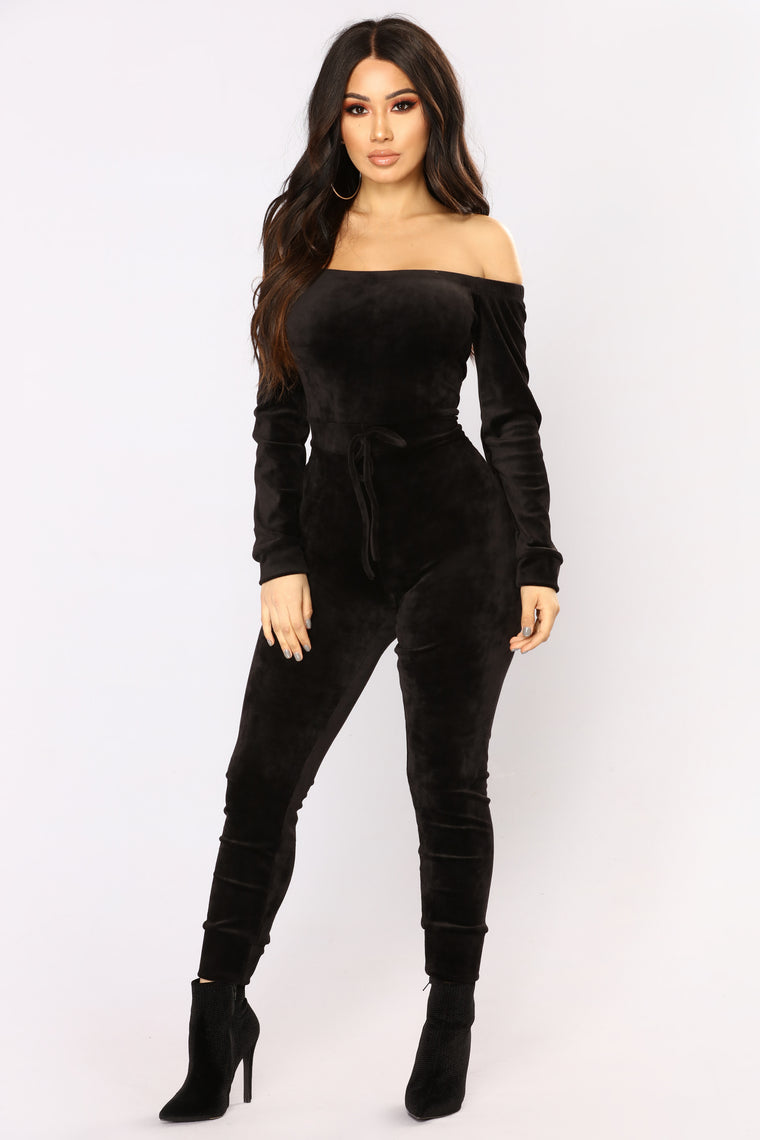 womens black velvet jumpsuit