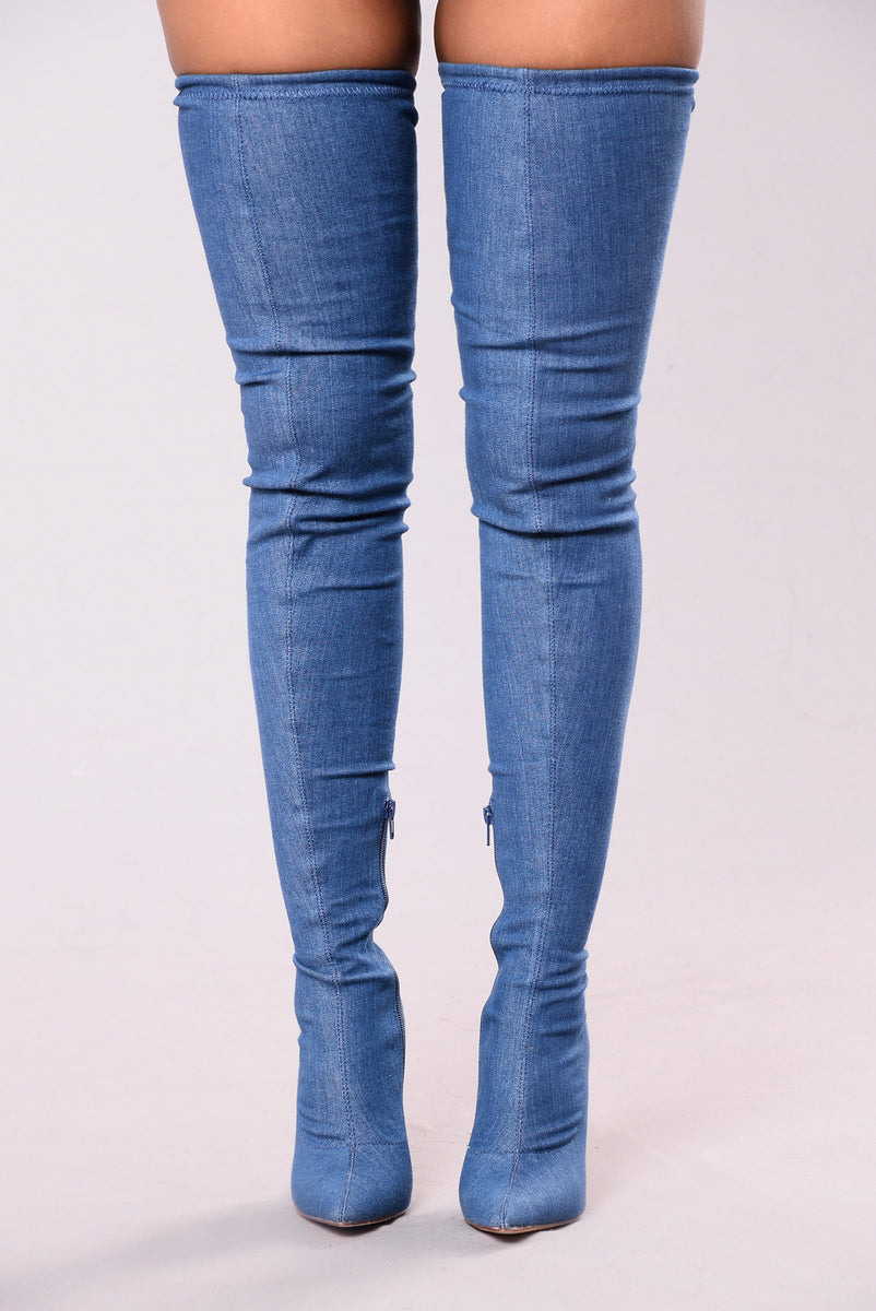 denim thigh boots