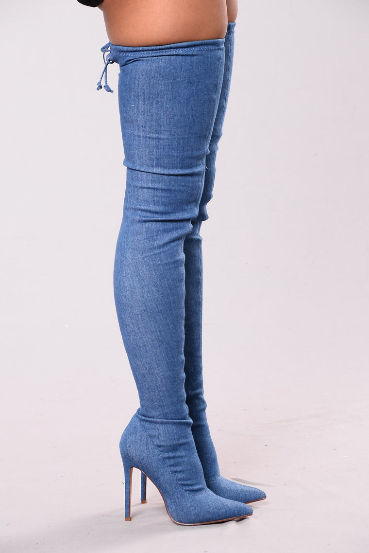 blue jean over the knee boots