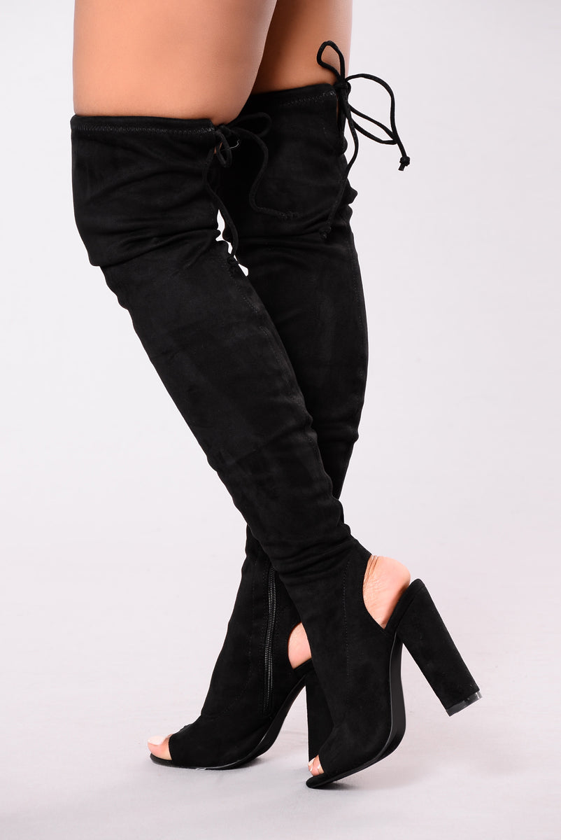 open toe black knee high boots