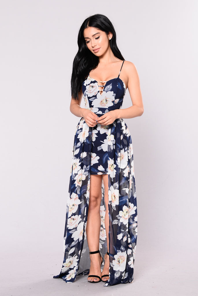 Floral Waterfall Dress - Navy