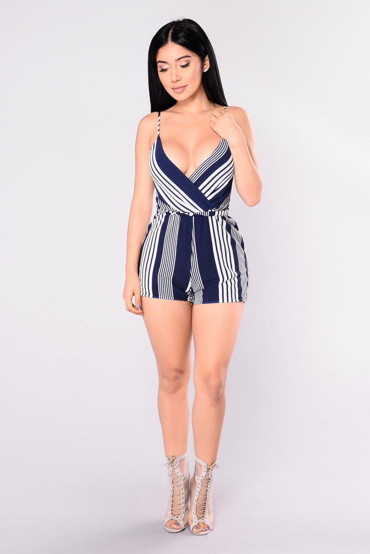 Mireille Striped Romper - Navy/White, Rompers | Fashion Nova