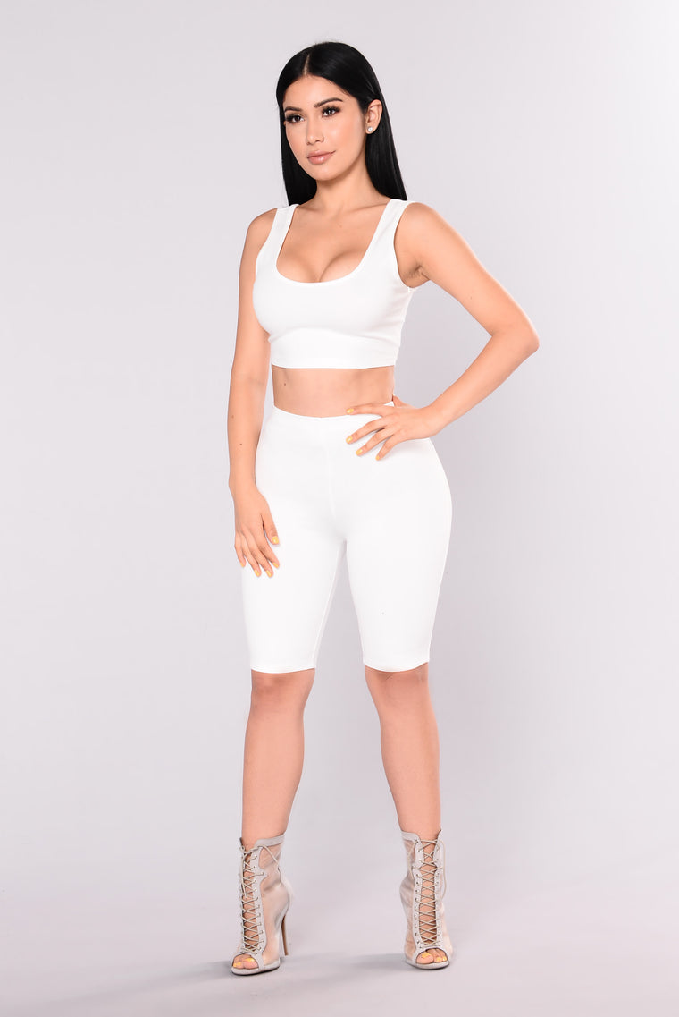 white biker short outfit