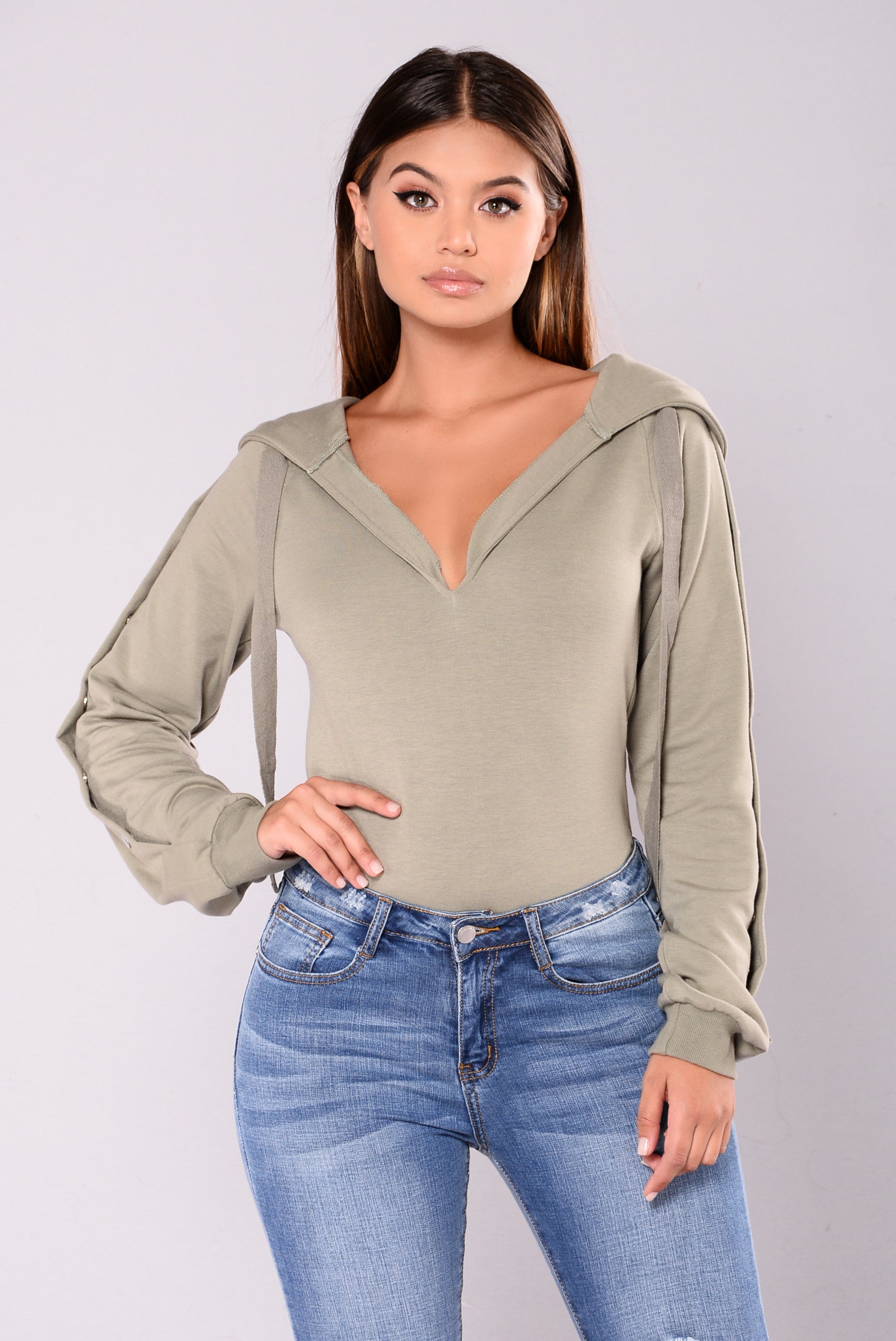 Sydney V-Neck Hoodie Sweatshirt Bodysuit - Olive