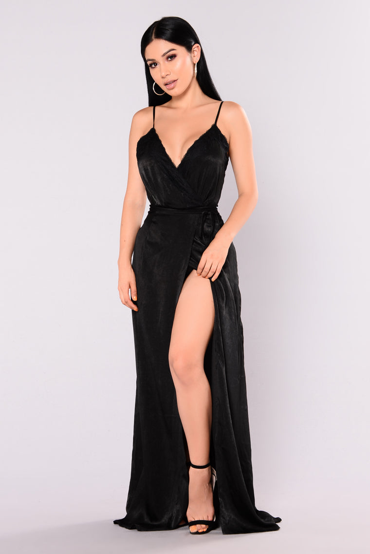 maxi black satin dress