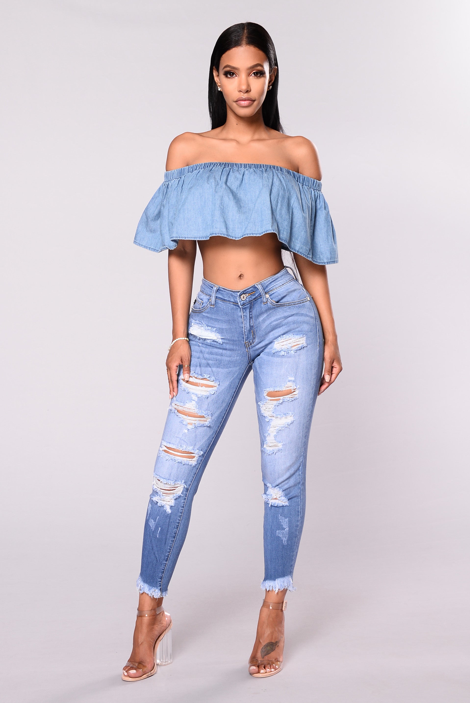 Evelyn Distressed Fringe Skinny Jeans - Light Blue