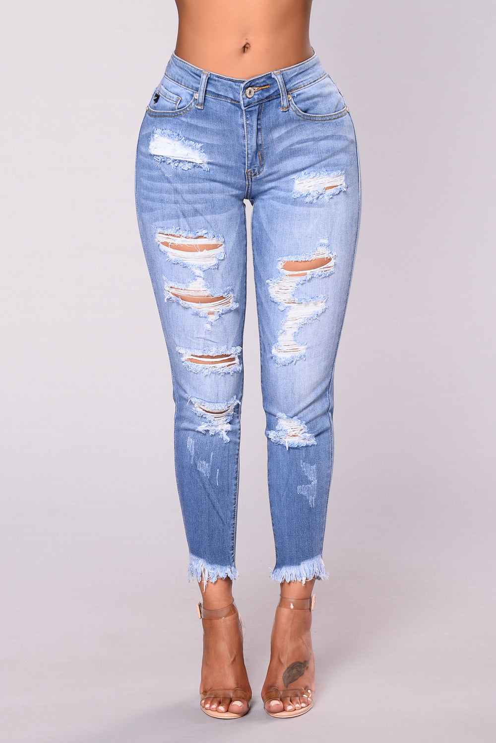 Evelyn Distressed Fringe Skinny Jeans - Light Blue