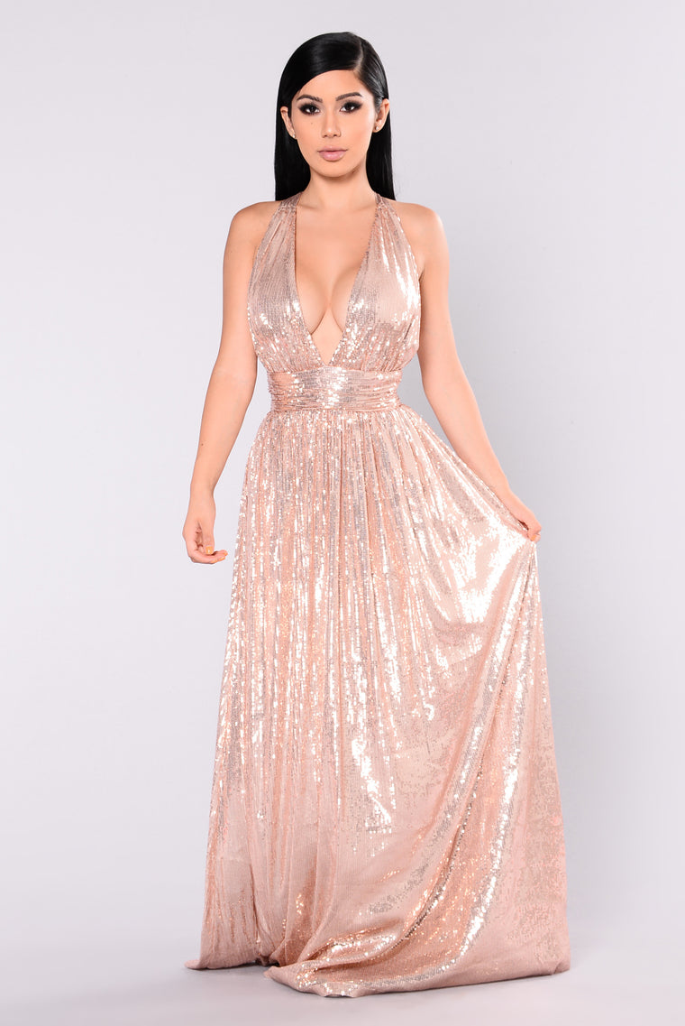 sequin maxi dress rose gold