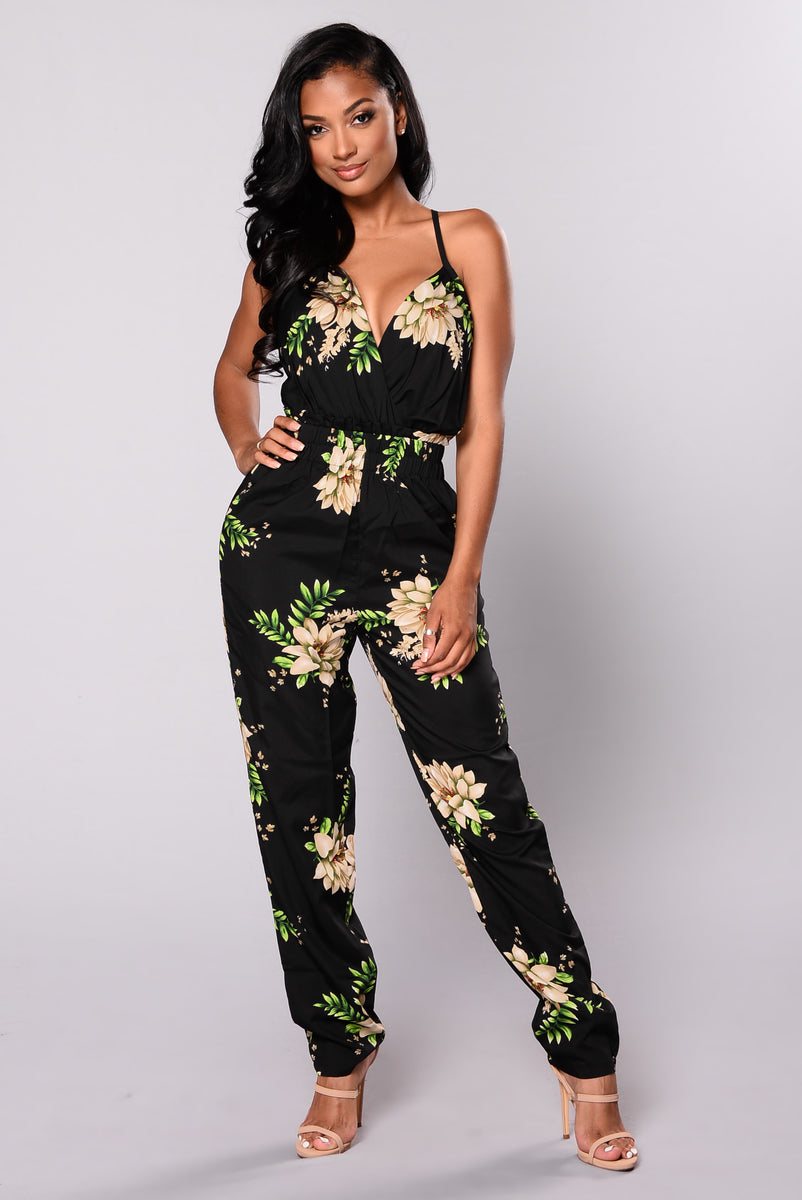 black fashion nova jumpsuit with flowers