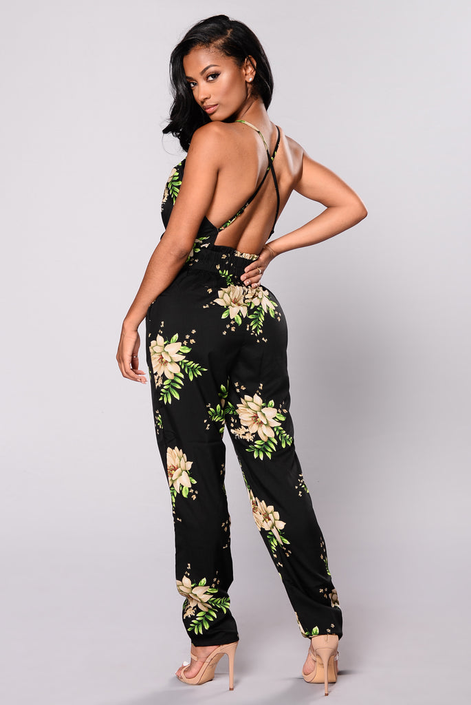 Ezmae Satin Jumpsuit - Black Floral