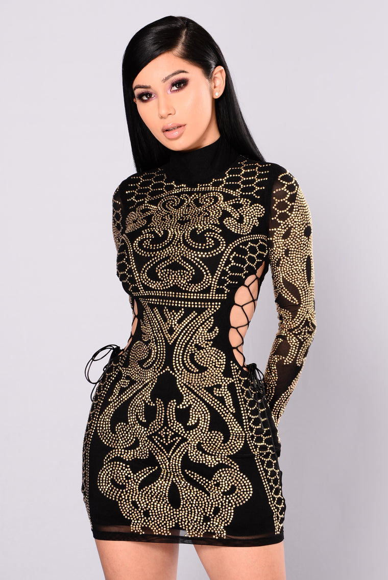 fashion nova black and gold dress